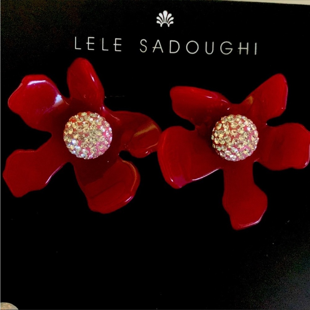 Lele Sadoughi Red flower with crystal large stud earrings